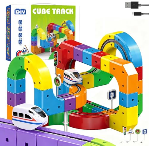 Trenes de Juguetes para Niños, Set de Tren Eléctrico Klickrail, Juego de carriles eléctricos de construcción, Sistema de Montaje 3D y Vagones Motorizados (Set de 81 Piezas + 1 Locomotoras)