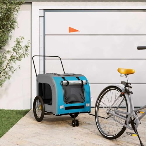 Nqyjm Rimorchio per bicicletta per cani blu e grigio, in tessuto di bue e ferro, pieghevole, per cani e gatti, fino a 15 kg, per campeggio, giardino, esterni, 68 x 134 x 73 cm