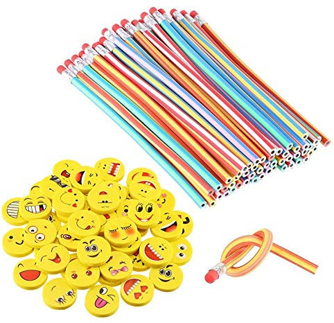 LATERN 80 Piezas Kids Party Bag Set de Relleno, Suave Flexible Bendy lápices y Emoji Smile Erasers Magic Bend Toys School Fun Equipo de papelería Favor Suministros