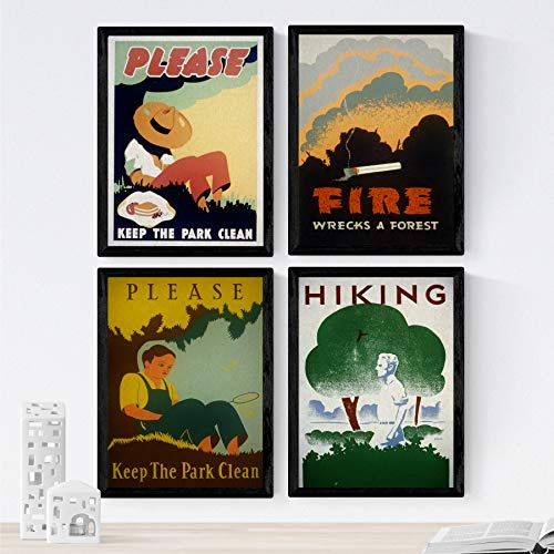 Nacnic Posters Vintage. Affischer med gamla annonser. Fyra vintage brandförebyggande posters. A4-storlek