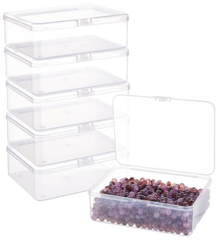 BENECREAT 6 Pack Caja Rectángulas de Plástico 14.4x10.8x4.75cm Caja Transparente de Almacenamiento con Tapa Abatible para Articulos Pequeños, Pastillas, Hierbas, Cuentas