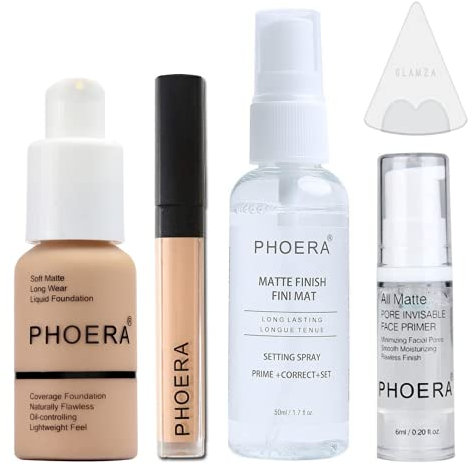Phoera Foundation Full Coverage Makeup Set - Includes Buff Beige 30ml Matte Foundation, Phoera Concealer (Custard), 6ml Face Primer, 50ml Setting Spray & Silicone Blender Sponge for Easy Application