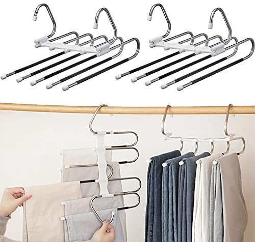 Trouser Hangers Space Saving, 6 In 1 Non-Slip Multifunctional Pants Rack, 2 Pack Wooden Pole Foldable Magical Clothes Hanger, Scarf Hangers Closet Organiser Jean Hanger