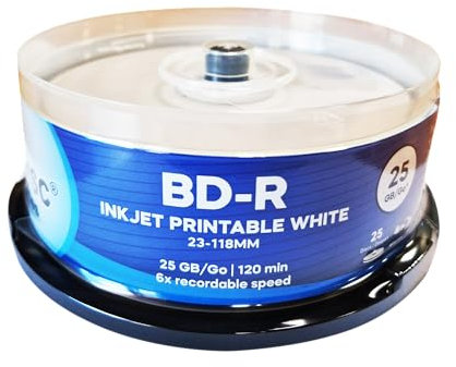 ACU-DISC Pro-Series BD-R 25GB 6x HTL Full Face White Inkjet Printable Single Layer Recordable Blank Data Blu-Ray Discs 130 Minutes Cake Box/Spindle 13655 - 25 Pack
