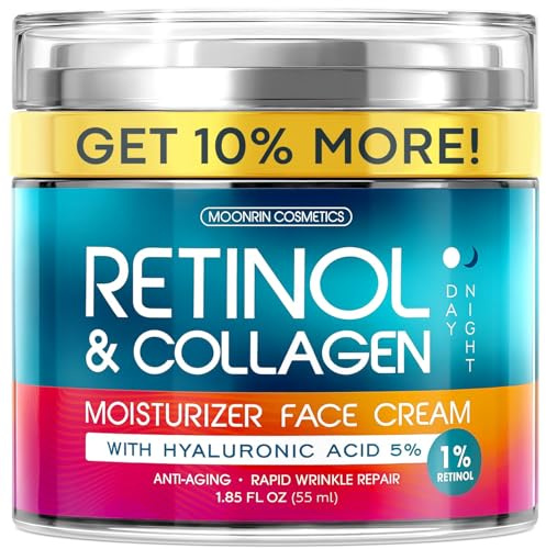 Retinol Cream for Face with Hyaluronic Acid, Day-Night Anti-Aging Moisturizer for Women, Men, Collagen Cream for Face Reduces Wrinkles, Dryness, 1.85 Oz