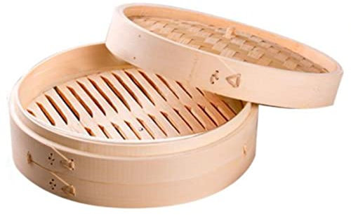 Tradineur - Vaporera de bambú, cesta de vapor con tapa para dim sum, arroz, verduras, carne, recipiente tradicional para cocción al vapor, 15 x 6 cm