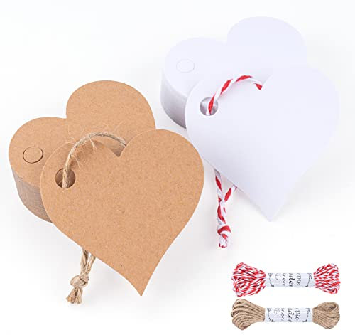 100stk Herz Kraftpapier Anhänger, Etiketten Geschenkanhänger für Hochzeit Geschenke zum Basteln (10M Naturjute und 10M Roter weißer Baumwollfaden)