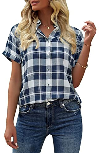 GeGekoko Rutig damblus, kortärmade toppar, ledig, lös V-ringad, skjortblus för knappar, sommar, tunika, t-shirt, toppar, blå, S