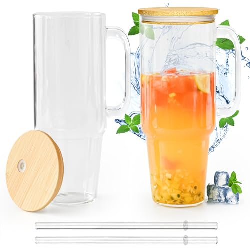 FECBK Glass Cups with Lids and Straws 40 oz Glass Tumbler with Straw and Lid 2 Pack Glass Tumbler with Handle Wide Mouth Iced Coffee Cups for Smoothies, Soda, Tea, with Bamboo Lids