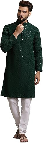 Sojanya (Since 1958 Men'S Pure Cotton Green Sequence Kurta And White Pyjama Set