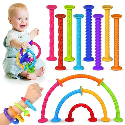 Multi-Textured Sensory Suction Bath Toys: 8pcs No Mold Bath Toys - Slicone Sensory Suction Cup Toys for Babies - Toddlers Fidget Toys for Plane Travel, Windows - Gift for Boys Girls