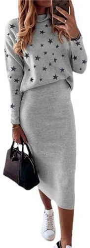 tinetill Abito Maglione Donna Abito a Due Pezzi Abito a Maglia Top + Gonna Midi Lavorata a Maglia Elegante Set da 2 Pezzi Abito Invernale Aderente Gonna Lunga Completo per Il Tempo Libero
