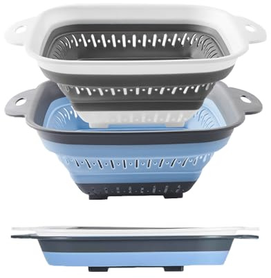 Fglmctsh Collapsible Colander Set, Square Round Triangles Silicone Kitchen Strainer Perfect for Draining Pasta Vegetable fruit 2 PCS (10.8L x 8.6W x 2H, Blue & Gray)