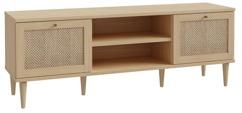 FORTE CALASETTA TV-Schrank 160, Bett im Boho-Stil mit Wiener Geflecht, TV-Tisch, Holzwerkstoff, Elegancia Eiche Holzdekor/Technorattan, 160 cm breit x 58 cm hoch x 41 cm tief
