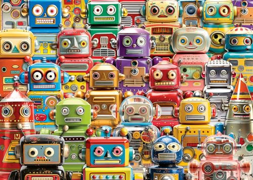 Ravensburger Retro robotar 500 bitar storformat pussel | pedagogiskt kul med vintage leksaksrobotar | konstverk av Michael David Ward | Perfekt för pusselentusiaster och samlare