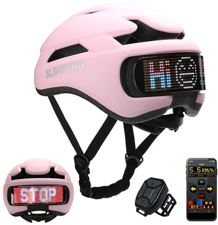 TMEOIIPY Smart App Program Bike Helmet, Back LED Lights Display with USB Rechargeable, Road Bicycle Helmets for Adults: Men, Women, with Turn Signals Remote Control (Pink)