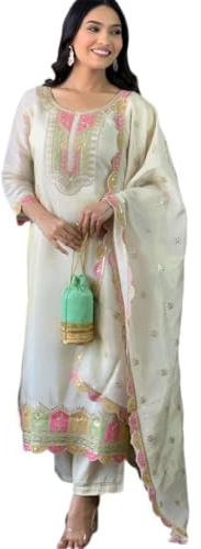 The Red Lion Enterprise Embroidery work Anarkali alia Dress for Women’s 3 Pc Set Party wedding wear Salwar Suit (US, Alpha, Medium, Regular, Regular, WHITE 2)