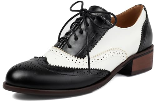 Lizoleor Richelieu Femme Talon Carré Bout Rond Lacets Fille British Confortable Rétro Ecole Chic Noir-Blanc Taille 40 EU/41CN