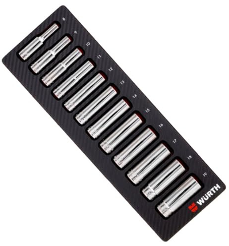 Würth Zebra 0965905909 3/8 Inch Socket Spanner Set 12 Pieces Long Design 64 mm in System Set in Foam Insert in Carbon Look 2.4.1 for Workshop Trolley