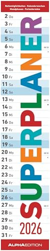 Alpha Edition - SUPERPLANER 2026 – Calendario a strisce 17 × 85 cm con molto spazio per appunti e appuntamenti di vacanza, calendario chiaro e da parete per casa, famiglia e ufficio