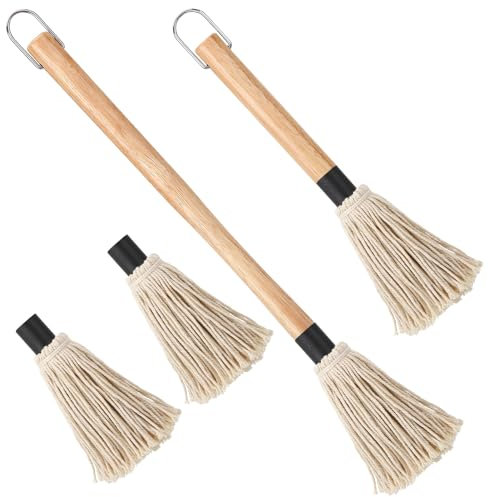 Meng Jiaran Grill Basting Mop, 2 Pcs Barbecue Basting Brushes with Wooden Handle and 2 Extra Replacement Heads Basting Mops for BBQ Grilling Smoking Steak