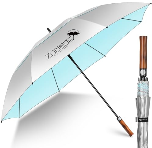 ZOMAKE UV Golf Umbrella for Sun Protection,Large Sun Umbrella Windproof and Rainproof Strong UPF 50+,Reflective Golfing Brolly with Wooden Handle 62In Unbreakable for Men Women (Silver/Light Blue)