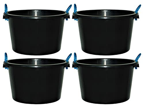Set Of 4 – 45L Heavy Duty Black Bucket with Rope Handle, Strong Plastic Bucket Cement Mixing Muck Water Tub Construction, Garden Debris Rubbish Collection