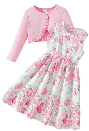 Little Girls Dress and Cardigan Set Floral Sleeveless Sundress Solid Ribbed Ruffle Long Sleeve Coat Kids Two Piece Fashion Outfit 3-10 Years (Pink, 4-5 Years)