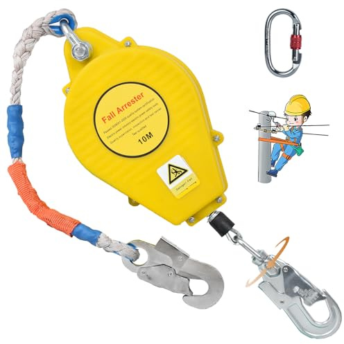BOVDC Dispositivo Anticaduta Retrattile Certificato, Imbracatura di Sicurezza Anticaduta Tetto 10m/15m/20m, Dispositivo Retrattile di Sicurezza Anticaduta con 360° Gancio Autobloccante(Giallo,10m)