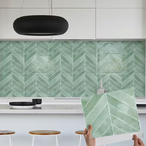 Fantasnight Stick on Wall Tiles Green Light Marble Effect 29x23cm 10pcs | Kitchen Peel and Stick Walls Sticker Waterproof Sticky Vinyl Splashback 3D Self Adhesive Tile Stickers for Bathroom