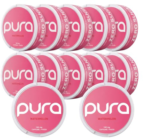 Pura Energy Pouches | 180 mg Naturligt Koffein | Sockerfri Energi med Vitaminer & Aminosyror | 20 per Dosa  (12-pack, Watermelon)