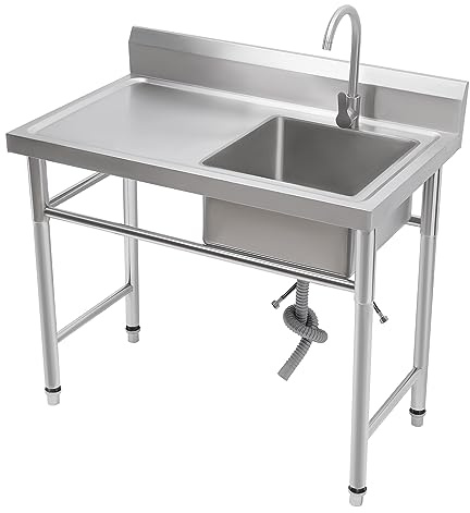 KKVUIIFF – fristående diskbänk i rostfritt stål, 100 x 60 x 93 cm kommersiellt diskbänk med 360° vridkran, avloppssil och vattendränering, för utomhusbruk, inomhus, kök, restaurang, 1 handfat (höger)