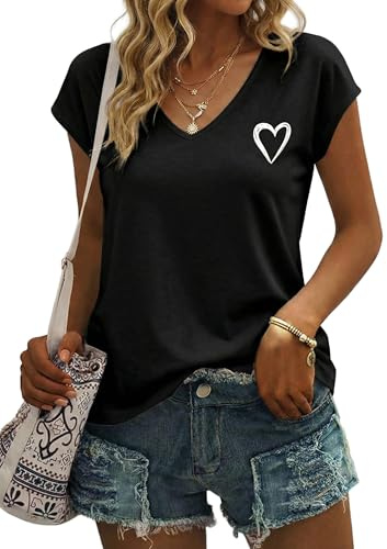 Gyabnw Tee Shirt Femme Col V Manches Courtes Imprimé Cœur | Petit cœur imprimé, Coupe décontractée, Tissu léger, Basique casual pour quotidien et loisirs