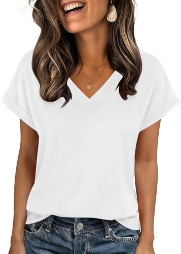 Zeagoo Camiseta Mujer Manga Corta Verano Tops Cuello en V Suelto Básica | Camisetas Casual | Blusas Elegantes | Corte Suelto | Ropa de uso Diario | Tops Sólido | S-2XL
