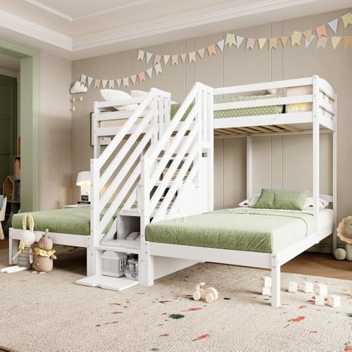 Sapgaks Lit Mezzanine escalier 90 x 200 cm,lit Mezzanine 3 Places,lit superposé 3 Places pin, échelle escamotable avec tiroirs, Garde-Corps, certifié en 747, sans Matelas, Blanc