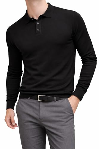 BRAVE SOUL Mens Knitted Polo Shirt Long Sleeved (Jet Black) M