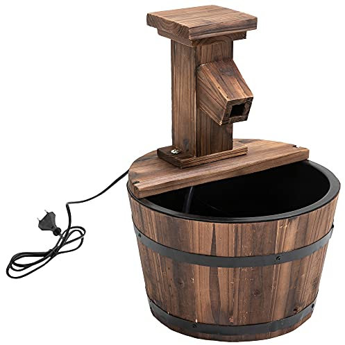 Outsunny Springbrunnen elektrisch Outdoor Gartenbrunnen mit Holzeimer Hahn Pumpe Dekorationsbecken Zimmerbrunnen Wasserspiel Zierbrunnen Wasserfall für Garten Rasen Ø27 x 37 cm Verkohlt