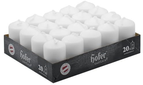 Hofer Stumpenkerzen - Weiß - 4 x 7 cm - Lange Brenndauer - 11 Stunden - Unparfümiert - Tropffreie - 20 Stück Kerzen