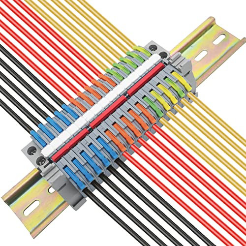 Kit de Bornier de Rail DIN, 15 Pcs Connecteur électrique Avec Levier de Fonctionnement (Bleu, Rouge, Vert), Avec Repérage Numérique et Bande de Connexion 3 Pcs (5 Pin), Module Fixe 2 Pcs