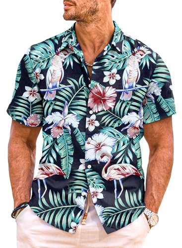 Meilicloth Hawaii Hemd Männer Funky Hawaiihemd Herren Kurzarm Flamingos Sommerhemd Aloha Strand Floral Blumen Obst Muster A Schwarzes Flamingo XL
