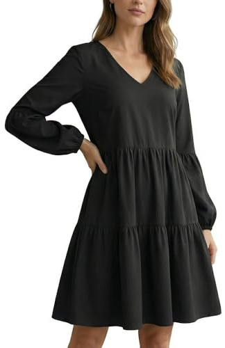 Vestidos de Mujer Manga Larga Vestido Casual Cuello V Vestidos Sueltos de Camiseta T-Shirt Túnica Negro Color sólido Vestido Midi Moda Chic Playa Vacaciones