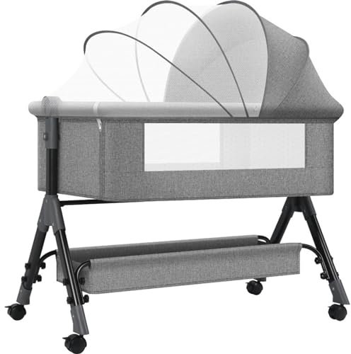 HUHJYUGE Baby Beistellbett, Babywiege Stubenwagen, Zusammenklappbar Babybetten mit Atmungsaktivem Netz und Weich Matratze, HöHenverstellbar Babybett mit Rollen, Moskitonetz (A)