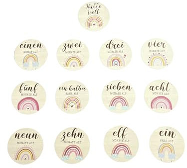 Holz Meilensteinkarten Set Rainbow | Baby Meilensteine bedruckt | inklusive Baumwollsäckchen | Meilensteinscheiben | erstes Jahr Geschenk