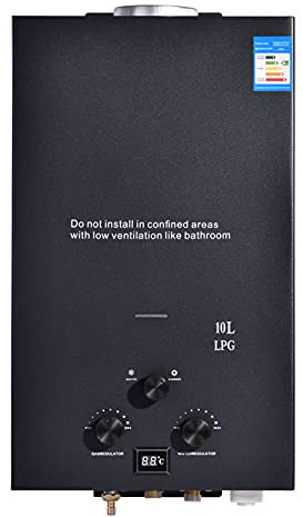 Chauffe-eau au Gaz Propane GPL 10L, Chauffe-eau Instantané Sans Réservoir 20kw avec Kit de Douche, Brûleur de Chaudière pour Camping, Rv, Maison (Noir)