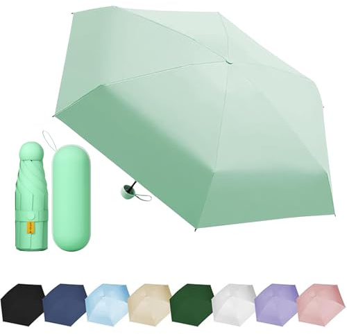 Ombrelli Portatile Con 6 Nervature, 6 Stecche Portatile Mini Ombrello Da Tasca, Ombrello Pieghevole Manuale Compatto Comodo e Portatile, Anti-Tempesta Ombrello Piccolo (Con Guscio)-Verde Chiaro