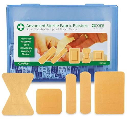CorePlast Sterile Fabric Plasters Hard Box Assorted Washproof Plaster Pack 100, Tough, Sticky, Finger Stretchable Medical Plasters, Home, Work, First Aid Kits. Easy-Open, Cushioned Wound Support