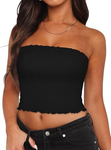 Tubos Tops Para Mujer Verano Sin Espalda Plisada Crop Top Slim Fit Camiseta sin Mangas, Negro , S