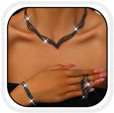 Reaky Brautschmuck-Set, silberne Strass-Ohrringe und Halskette, Hochzeits- und Abschlussball-Schmuckset für Frauen (3er-Pack) (Schwarz)