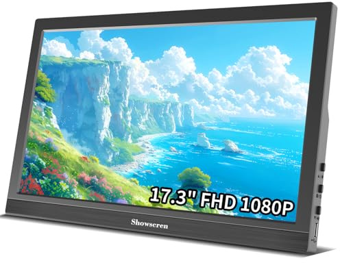Showscren Monitor portátil de 17,3 pulgadas, 1920 x 1080p, 60 Hz, 99% sRGB, HDMI USB-C, monitores portátiles, pantalla de ordenador ampliada con altavoz para teléfono, portátil, Raspberry Pi, Switch