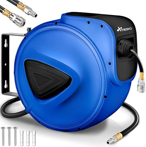 TRESKO® Carrete de Manguera de Aire Comprimido de 20 m | Conector de 1/4 | Enrollador de Manguera Automático | con Soporte para Pared | Rotación de 180° | Tope Final Ajustable, Azul